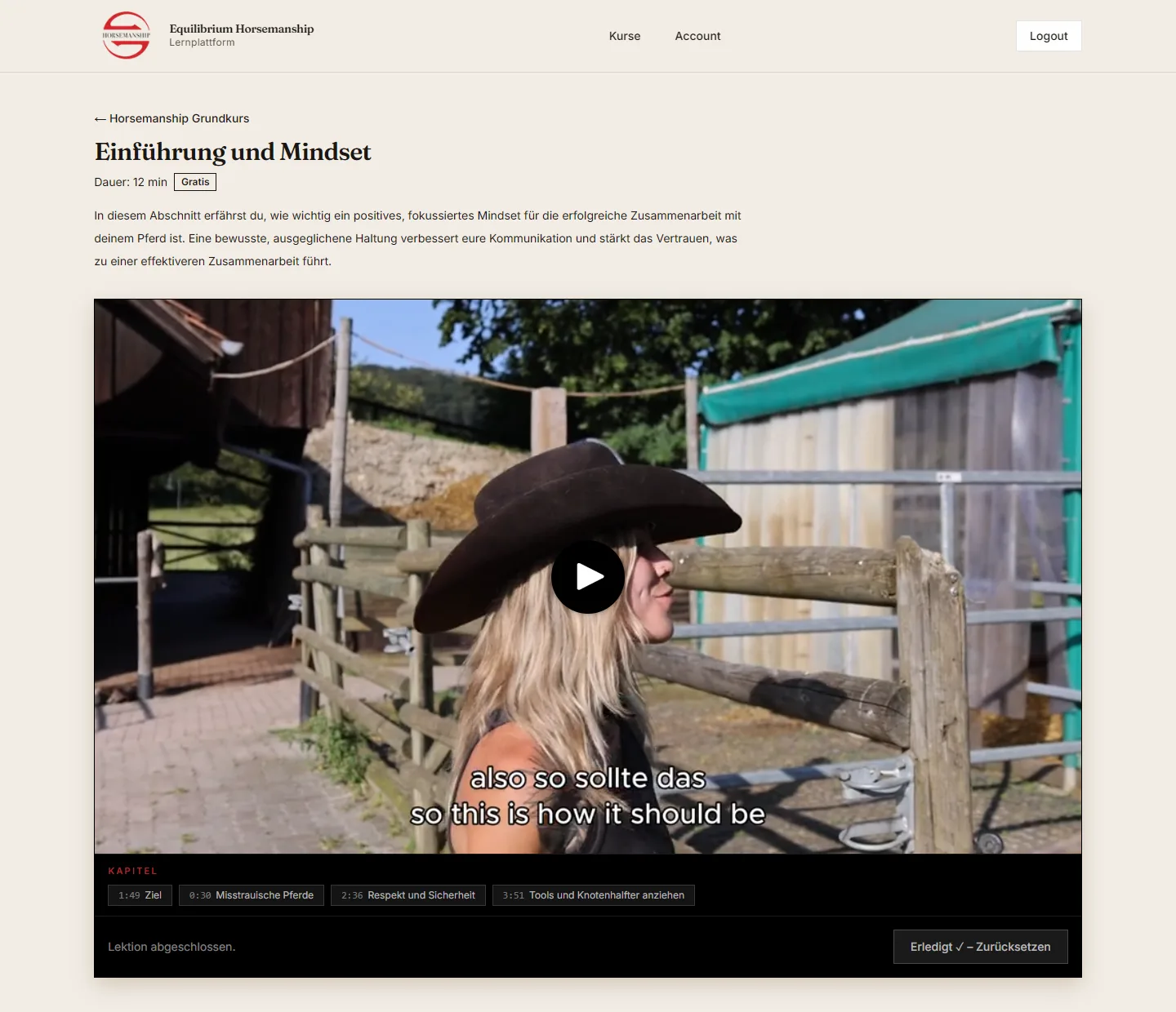 Lernplattform - eine Lektion mit Kapitelmarken im geschützten Player