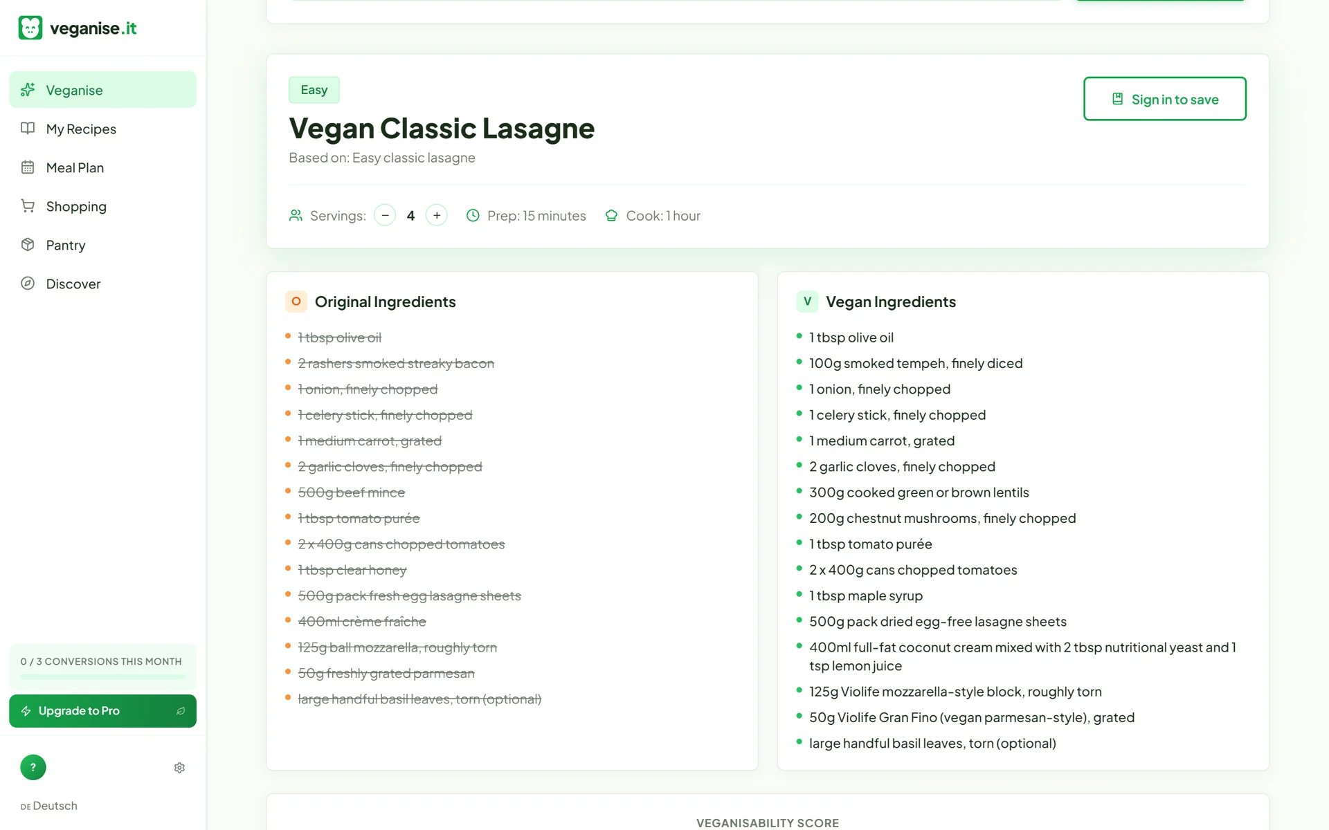Das Ergebnis: Original-Zutaten durchgestrichen, vegane daneben